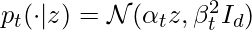 p_t(\cdot|z)=\mathcal{N}(\alpha_tz, \beta_t^2 I_d)