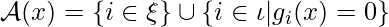 \mathcal{A}(x)=\{i \in \xi\} \cup \{i \in \iota|g_i(x)=0\}