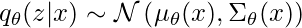 q_\theta(z|x) \sim \mathcal{N}\left(\mu_\theta(x), \Sigma_\theta(x)\right)
