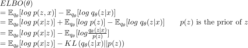 ELBO(\theta) \newline= \mathbb{E}_{q_\theta} [log\;p(z,x)] - \mathbb{E}_{q_\theta} [log\;q_\theta(z|x)]\newline=\mathbb{E}_{q_\theta}[log\;p(x|z)] + \mathbb{E}_{q_\theta}[log\;p(z)] - \mathbb{E}_{q_\theta}[log\;q_\theta(z|x)] \quad\quad p(z) \text{ is the prior of } z \newline= \mathbb{E}_{q_\theta}[log\;p(x|z)]  - \mathbb{E}_{q_\theta} [log \frac{q_{\theta}(z|x)}{p(z)}]\newline=\mathbb{E}_{q_\theta}[log\;p(x|z)] - KL\left(q_\theta(z|x) || p(z)\right)