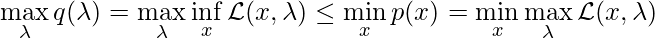 \max\limits_{\lambda} q(\lambda) = \max\limits_{\lambda} \inf\limits_x \mathcal{L}(x, \lambda) \leq \min\limits_x p(x) = \min\limits_x \max\limits_{\lambda} \mathcal{L} (x, \lambda)