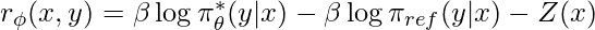 r_\phi(x,y)=\beta \log \pi^*_\theta(y|x) - \beta \log \pi_{ref} (y|x) - Z(x)