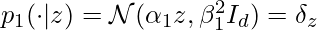 p_1(\cdot|z) = \mathcal{N}(\alpha_1 z, \beta_1^2 I_d) = \delta_z