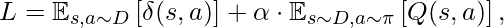 \begin{align*}\begin{split}L&=\mathbb{E}_{s,a\sim D}\left[\delta(s,a)\right] + \alpha \cdot \mathbb{E}_{s\sim D, a \sim \pi} \left[ Q(s,a)\right],\end{split}\end{align*}