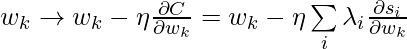 w_k \rightarrow w_k - \eta \frac{\partial C}{\partial w_k} = w_k - \eta \sum\limits_i \lambda_i \frac{\partial s_i}{\partial w_k}